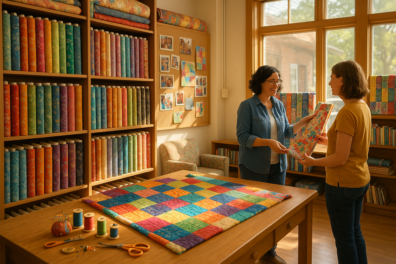 shop owner and customer talking about quilts and email newsletter ideas