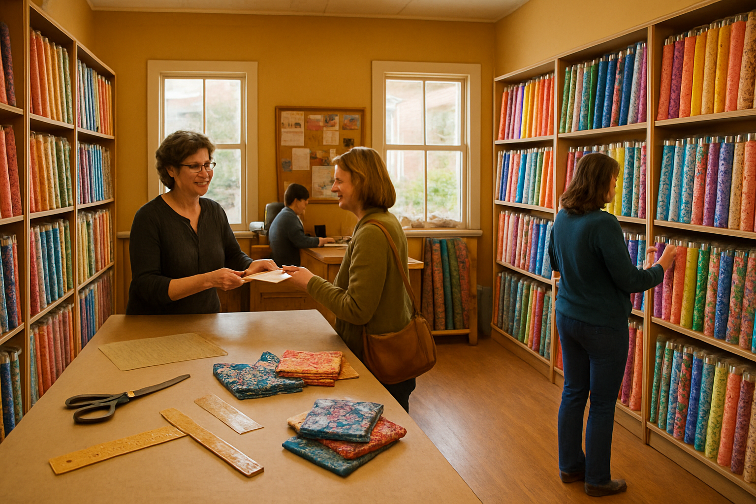 Quilt shop owner assists customers