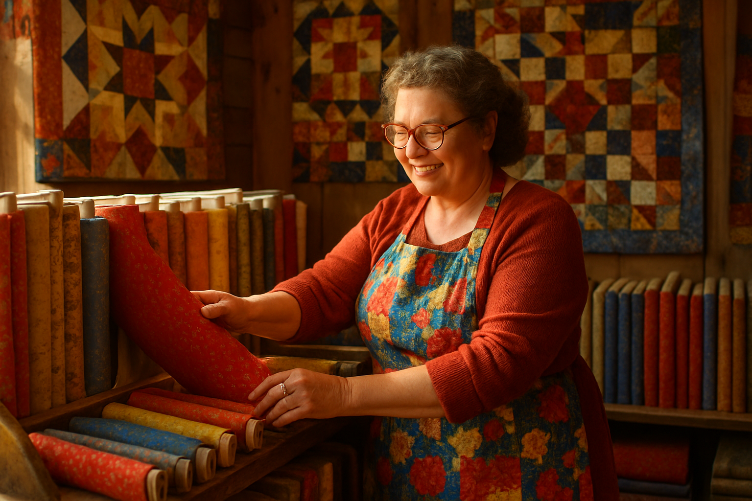 Quilt shop owner arranging fabric inventory
